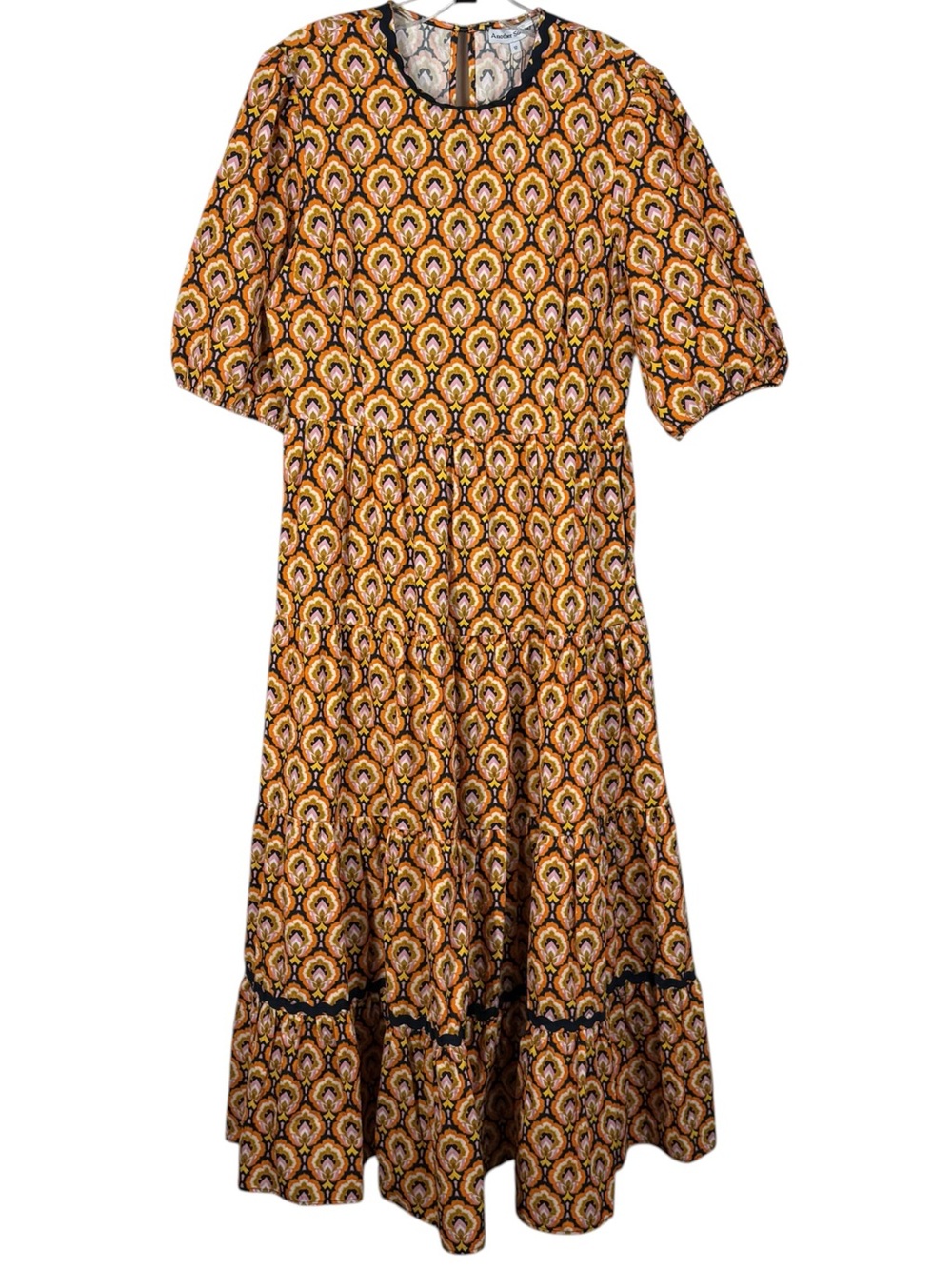 Another Sunday Tiered Midi Smocked Dress in Orange Geo Print Poplin Dress NWT 12